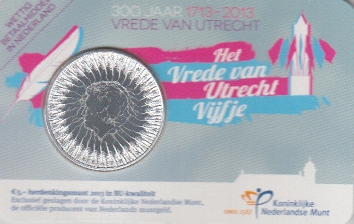Nederland 5 euro Het Vrede van Utrecht Vijfje BU in coincard, Ophalen of Verzenden, Koningin Beatrix, Euro's, Setje