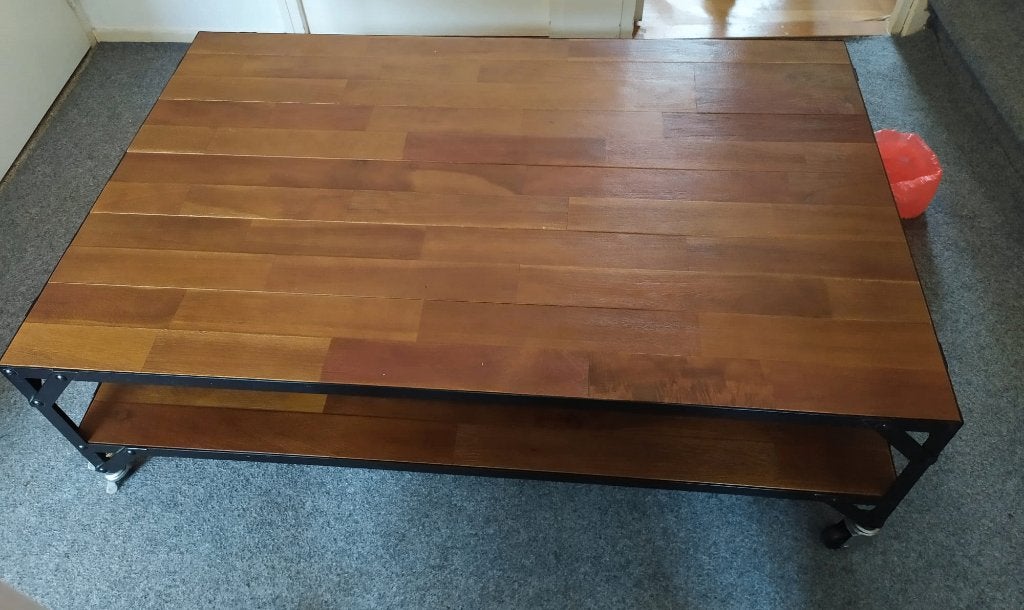 grote dubbellaagse rustiek houten salontafel op wielen, Ophalen, 100 tot 150 cm, 50 tot 100 cm, Zo goed als nieuw