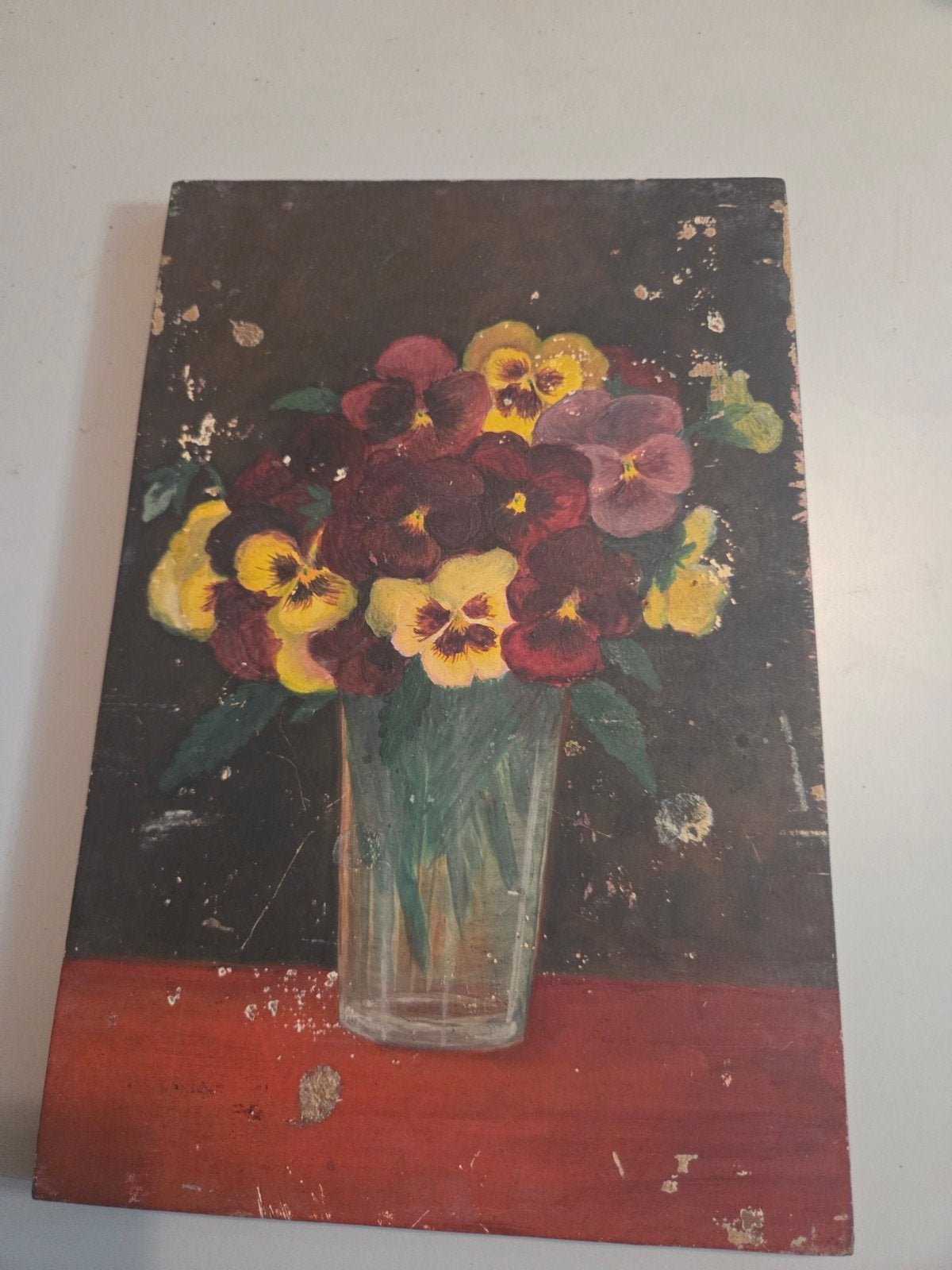 Vintage schildering: Viooltjes in vaas op paneel, Bloemen, Paneel, Ophalen of Verzenden, Olieverf