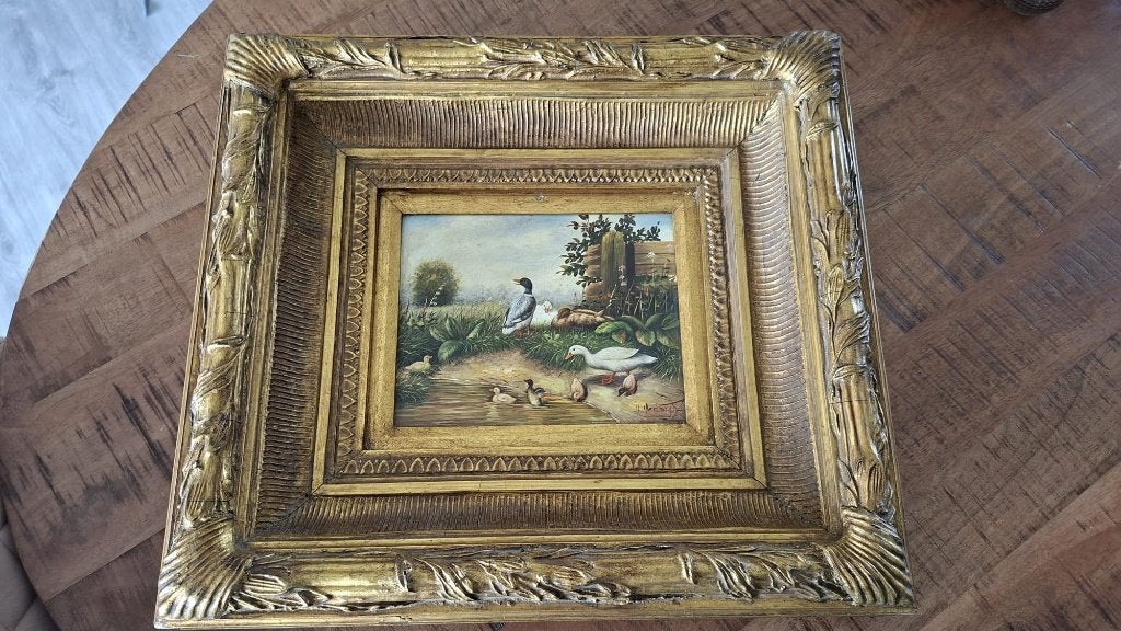 Antiek Schilderij "Familie Eenden" – H. Verburgh, Ophalen, Paneel, Dieren, Bijzondere lijst