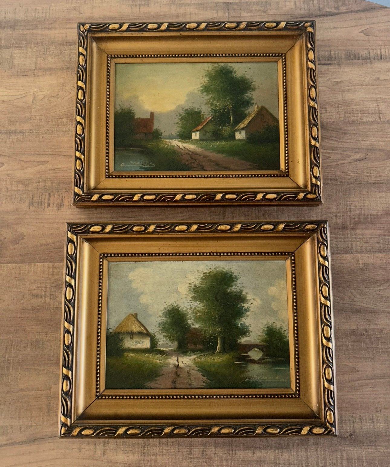 Twee antieke Hollands landschapsschilderijen van E. B…, Ophalen