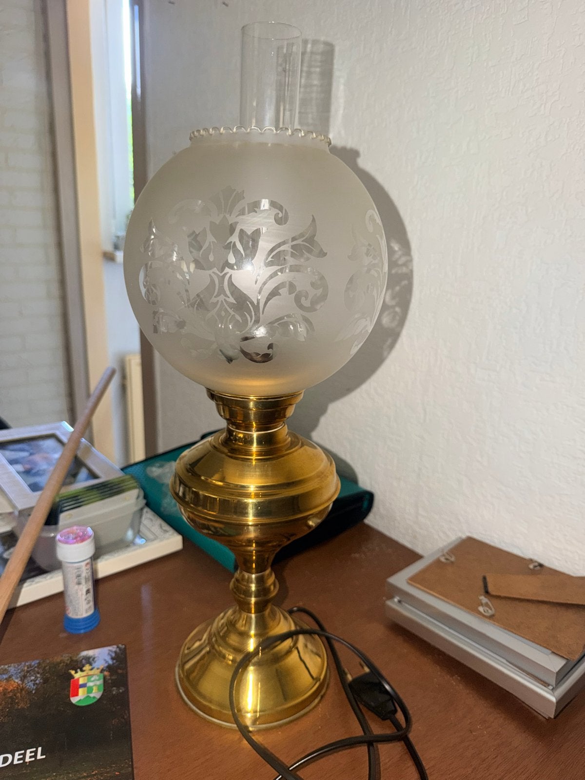 Koperen olielamp met glazen kap, Antiek en Kunst, Ophalen of Verzenden