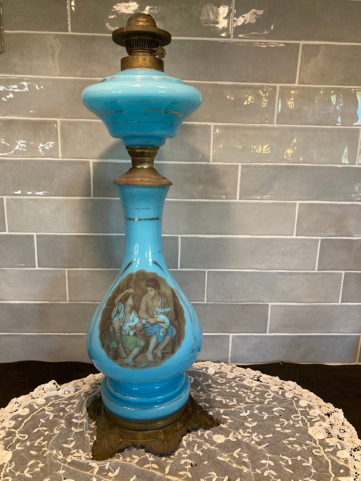 Antieke blauw opaline olielamp (020625c), Antiek en Kunst, Ophalen of Verzenden
