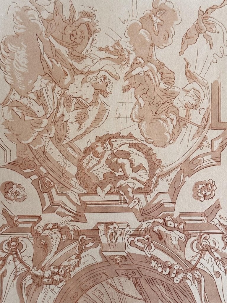 Antieke staalgravure - barok plafondontwerp - Italiaans, Verzenden, Architectuur, Gravure, Blanco verso