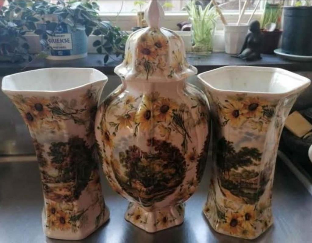 Vintage Italiaanse Vaas en Pot Set - Zonnebloem Design, Ophalen of Verzenden