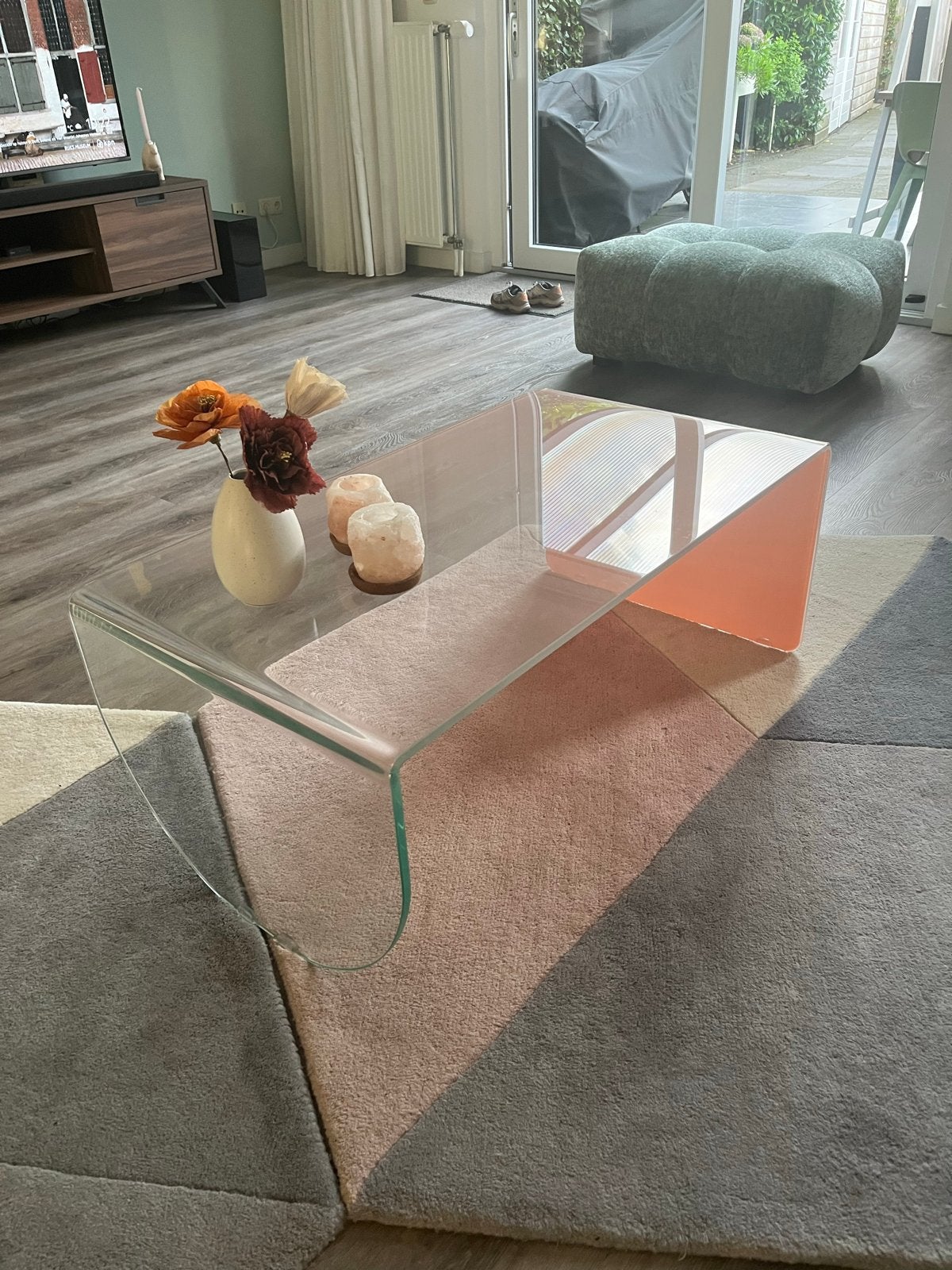 Salontafel roze verloop glas, Ophalen, 50 tot 100 cm, Glas, Zo goed als nieuw