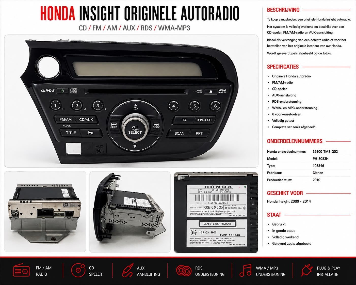 Honda Insight Originele Autoradio – CD/FM/AM/AUX – compleet, Ophalen of Verzenden