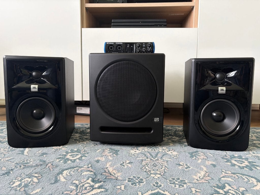 JBL305p MKII + Presonus Sub8 + Presonus Studio 24c set, Ophalen, Speakerset, Zo goed als nieuw, Inclusief kabels