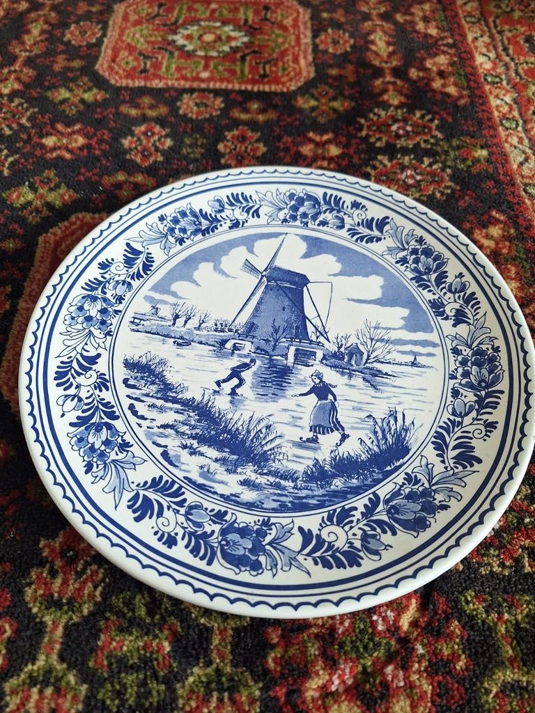 Delfts Blauw Wandbord Schaatsers Molen Holland Handgesc(14), Ophalen