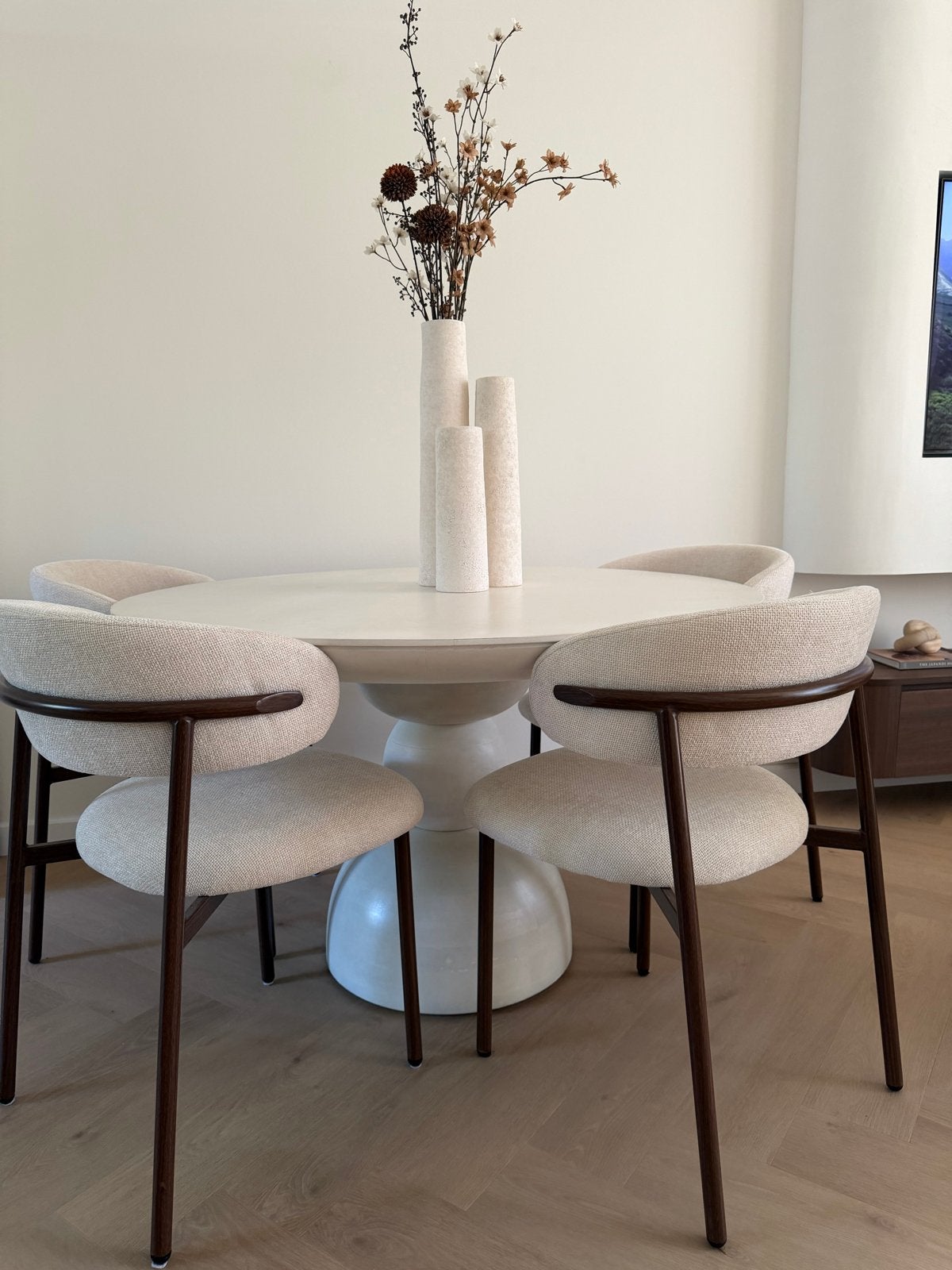 Mangohouten witte ronde eettafel, Ophalen, Kunststof, 100 tot 150 cm, Rond