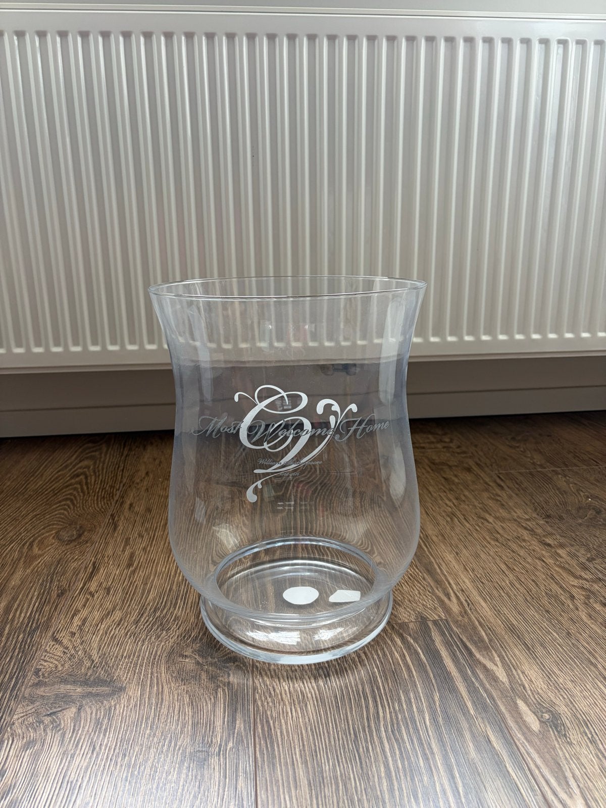Glazen windlicht Most Welcome Home - 35 cm hoog, Ophalen, Gebruikt, Glas, Windlicht