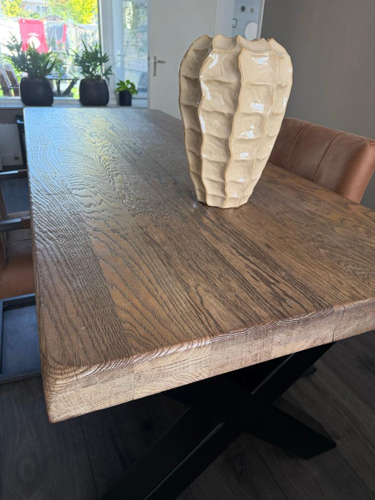 Zware eiken kloostertafel met metalen X-poten, Ophalen, Gebruikt, Eikenhout, 200 cm of meer