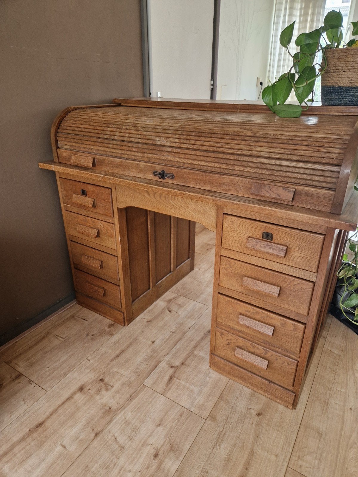 Vintage rolluik bureau met laden - Amstelveen, Huis en Inrichting, Bureaus, Ophalen, Gebruikt, 70 cm, 125 cm