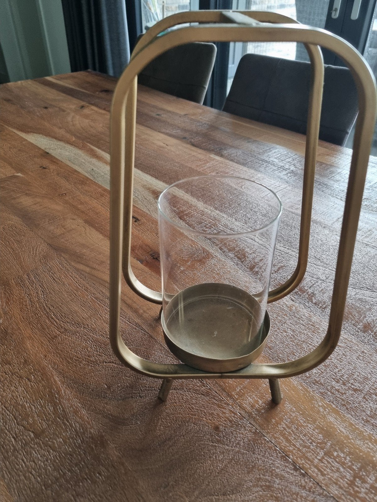 Gouden kandelaar met glazen windlicht, 31x16 cm, Gebruikt, Ophalen of Verzenden, Metaal, Kandelaar