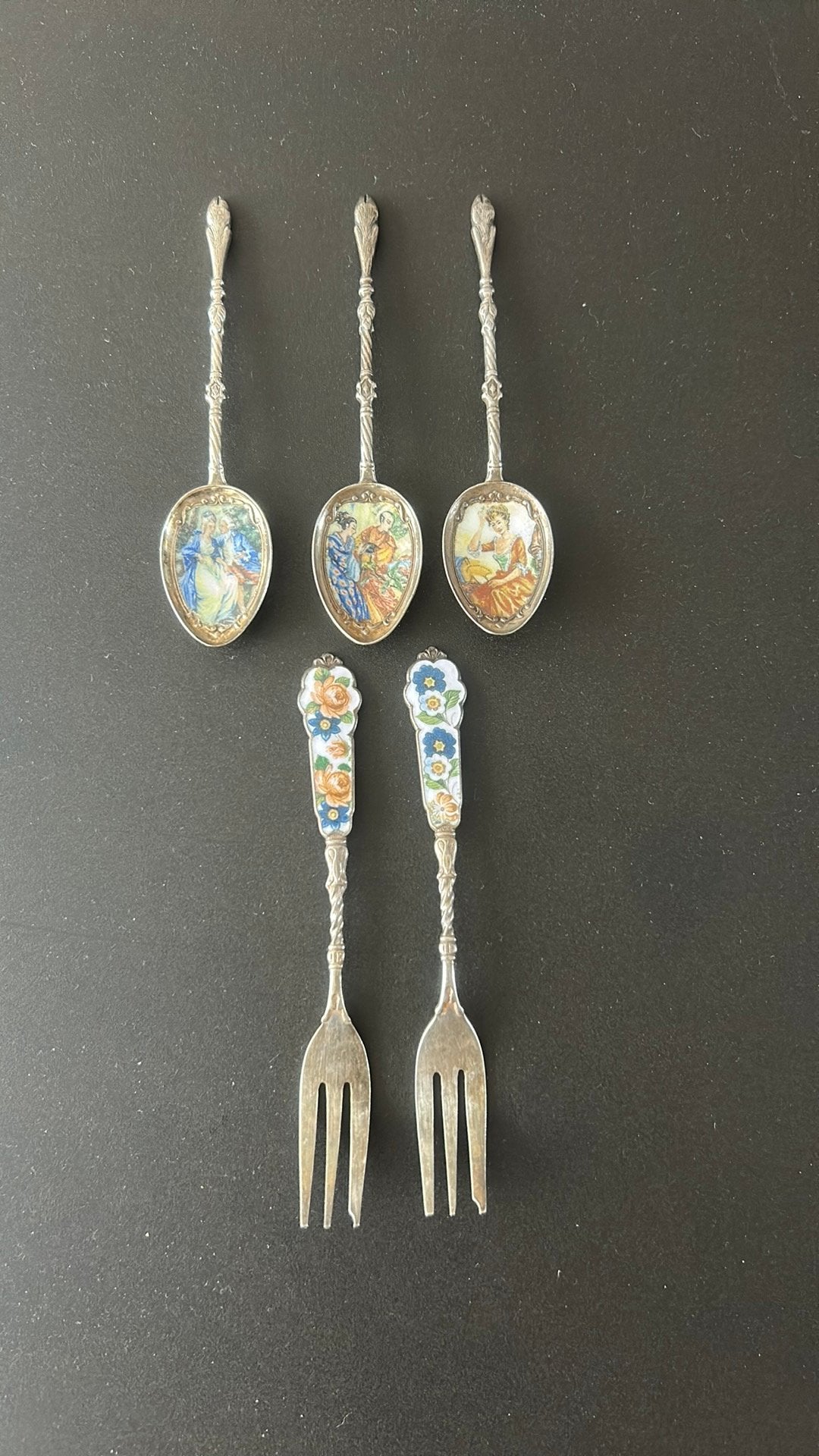 5 verzilverde bestek items, emaille afbeeldingen, Ophalen of Verzenden