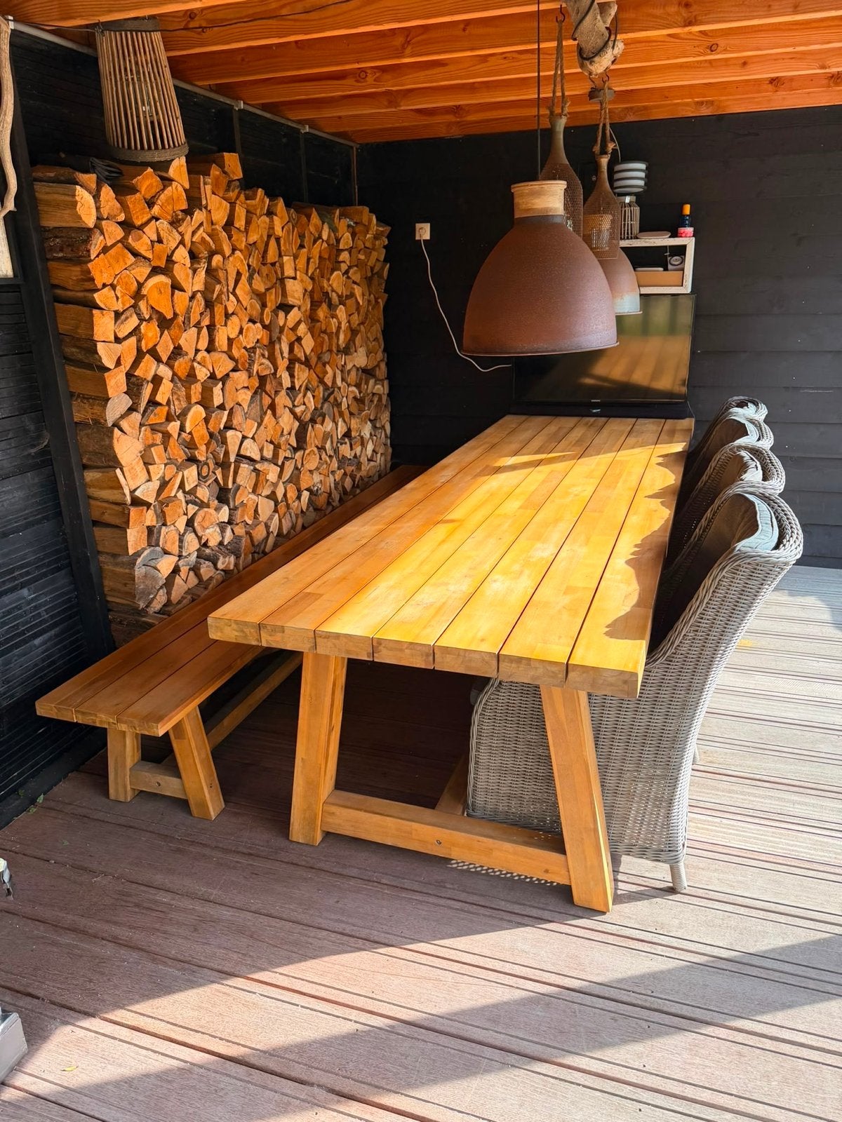 Houten tuinset met bank en stoelen, Tuin en Terras, Tuinsets en Loungesets, Ophalen, Gebruikt, 6 zitplaatsen, Hout