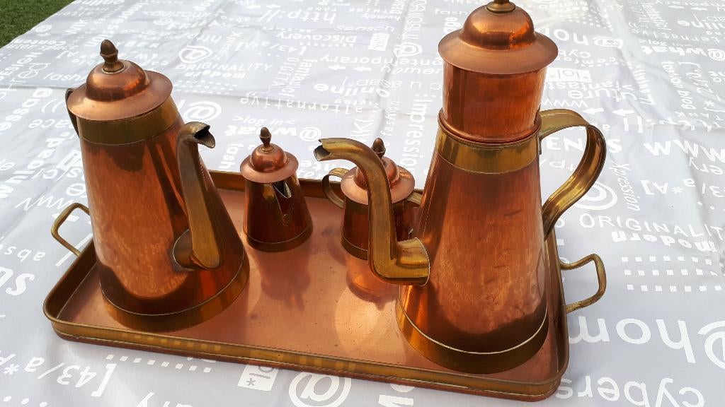 Unieke koperen koffie-thee set van H Pommier Bruxelles., Antiek en Kunst, Ophalen of Verzenden, Koper