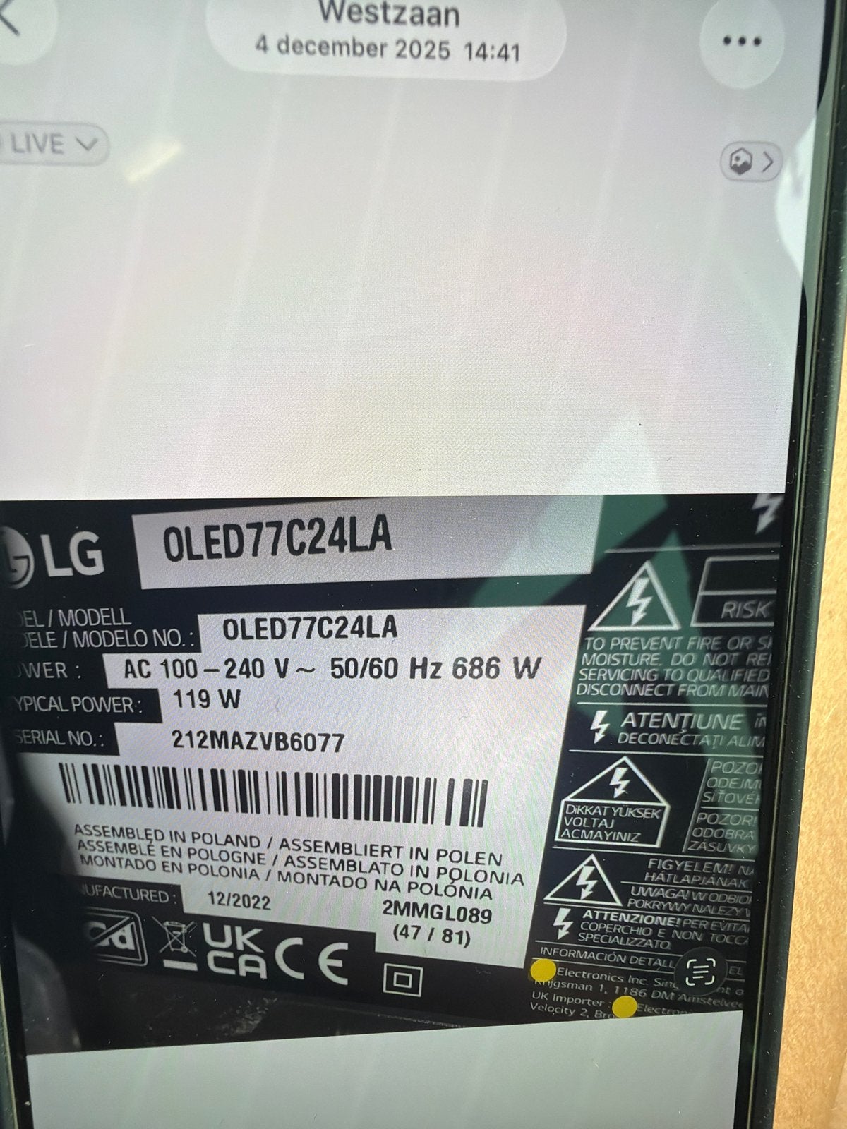 LG OLED77C24LA TV voor onderdelen (77 inch OLED), Ophalen, OLED, LG, 100 cm of meer