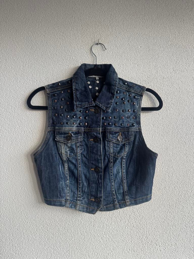 Vintage Y2K donker blauw denim gilet met studs, Kleding | Dames, Bodywarmers, Zo goed als nieuw, Maat 36 (S), Blauw, Ophalen of Verzenden