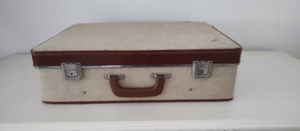 K714 VINTAGE jaren 50 koffer linnen/kunstleder zeer fraai, Overige materialen, Gebruikt, 50 tot 60 cm, Onbekend