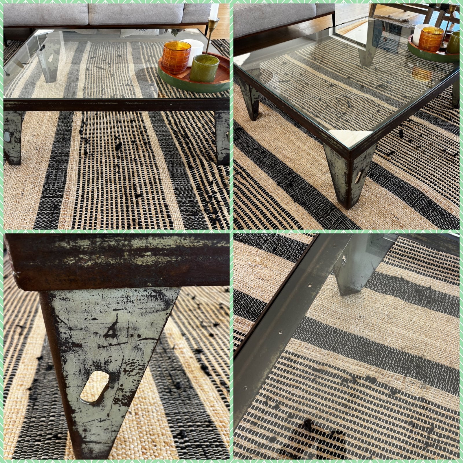 Industriële salontafel met glazen blad, Gebruikt, Vierkant, Glas, 5 – 50