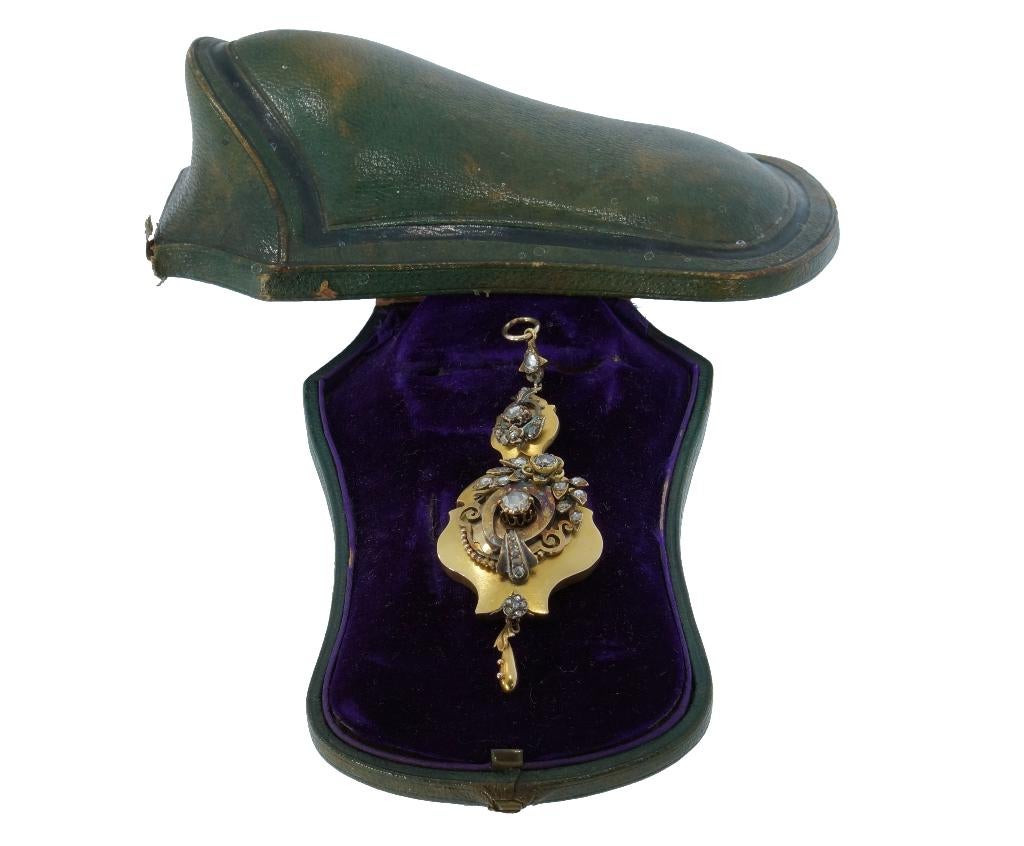 Victoriaanse diamant 14k gouden grote antieke ketting hanger, Verzenden, Goud, Hanger, Met edelsteen