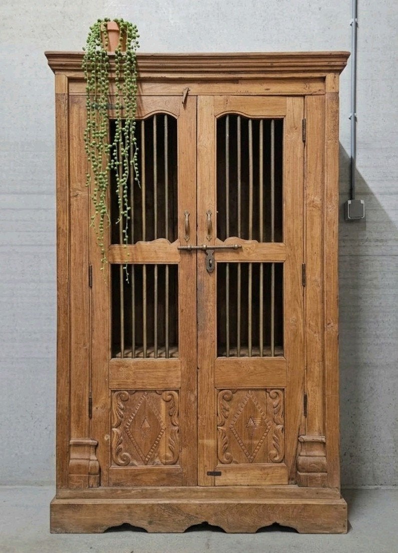 Antieke XL teakhouten authentieke spijlenkast vintage kast, Ophalen of Verzenden