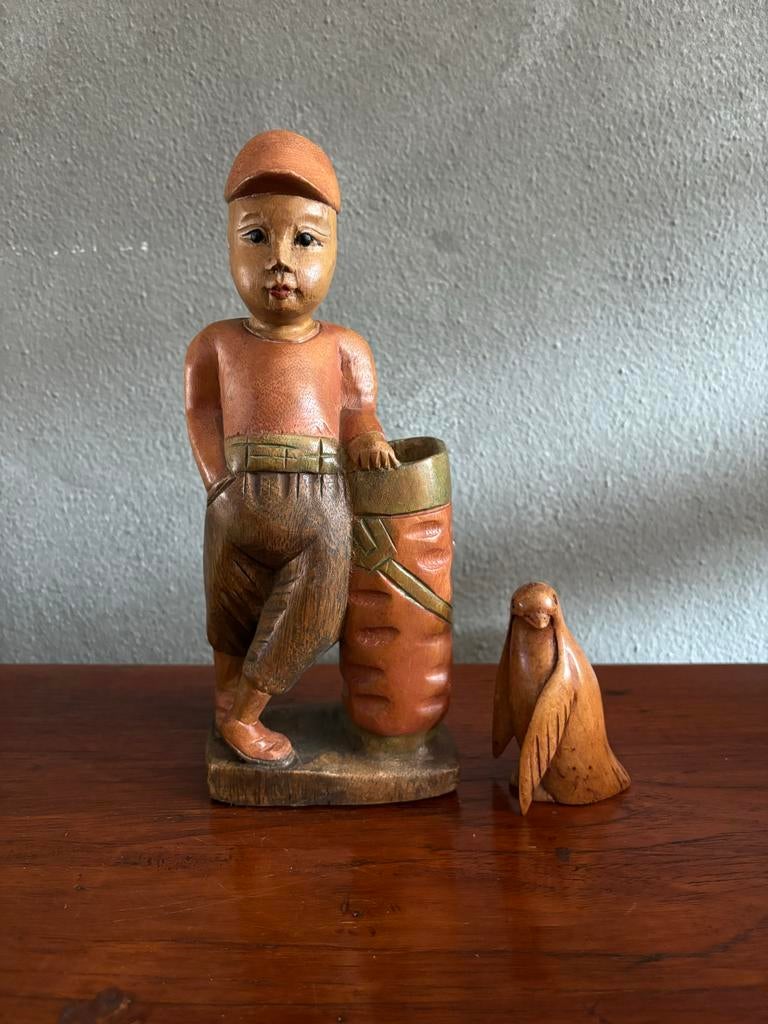 Vintage Houten Golfer Beeldje - Handgesneden & Beschilderd, Ophalen of Verzenden
