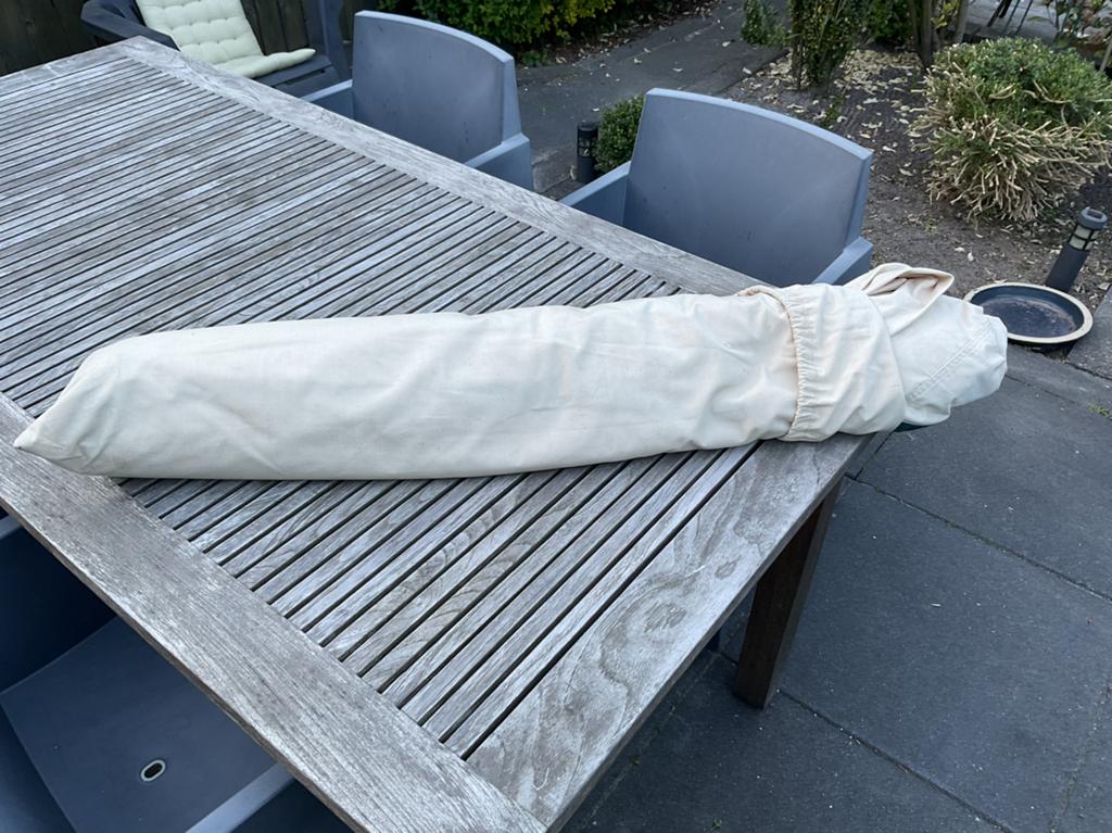 Schaduwdoek/tarp, groot 5 x 5 meter, beige KATOEN, Ophalen, Zo goed als nieuw