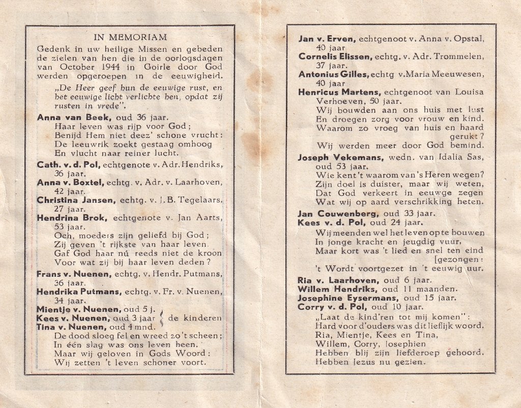 Gedenk meerdere overledenen 1944 Oorlog Goirle, Verzamelen, Bidprentjes en Rouwkaarten, Ophalen, Bidprentje