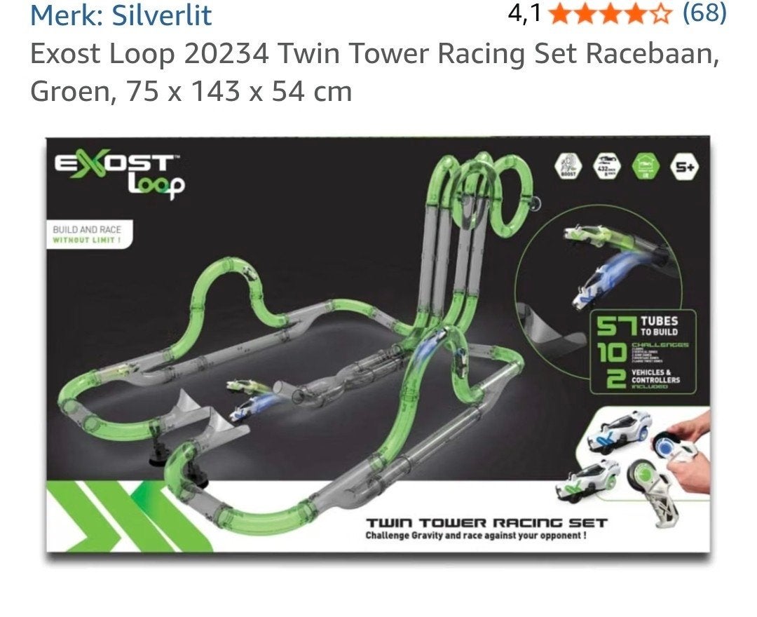 Exost Loop Twin Tower Racing Set Racebaan - Groen, Overige merken, Racebaan, Zelf te bouwen, Ophalen of Verzenden
