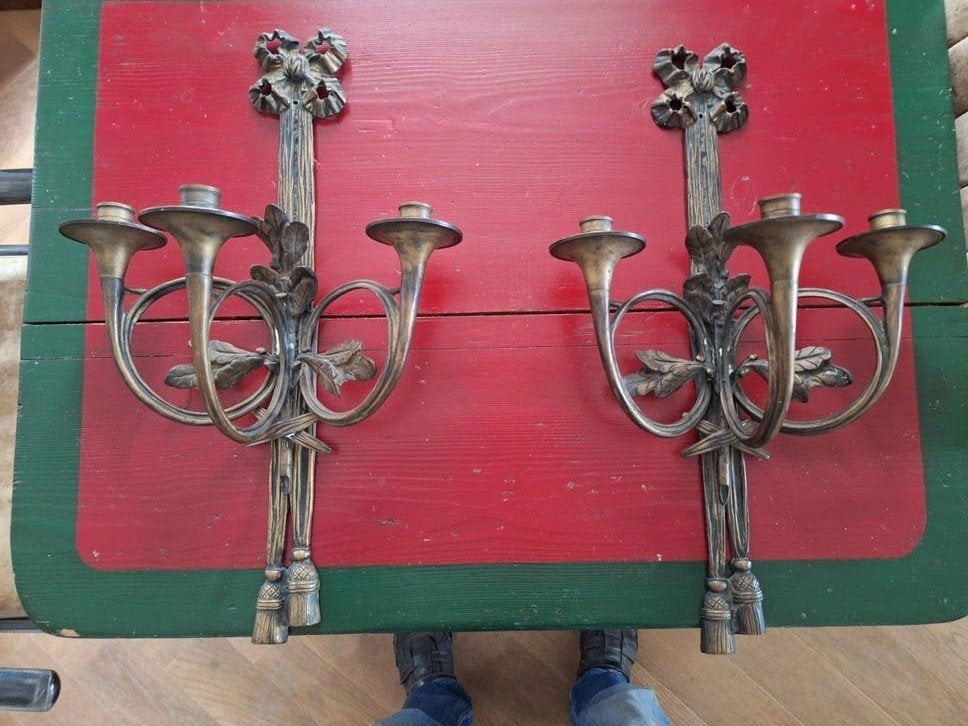 Set van 2 antieke wandkandelaars - 60 cm hoog, Ophalen of Verzenden, Koper of Brons