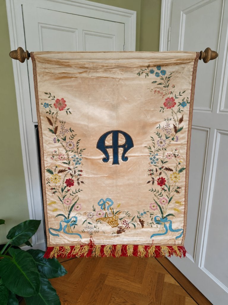 Zeldzaam Religieus Processievaandel, Mariamonogram ca 1900, Antiek en Kunst, Ophalen of Verzenden