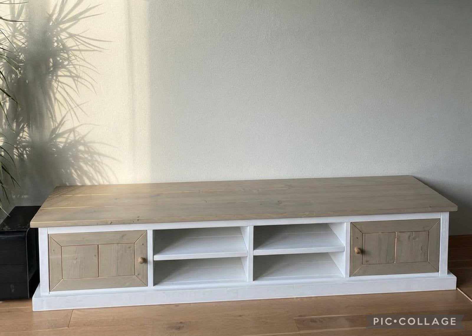 Steigerhouten TV-kast met deurtjes en open vakken, Ophalen, Zo goed als nieuw, 200 cm of meer, Minder dan 100 cm