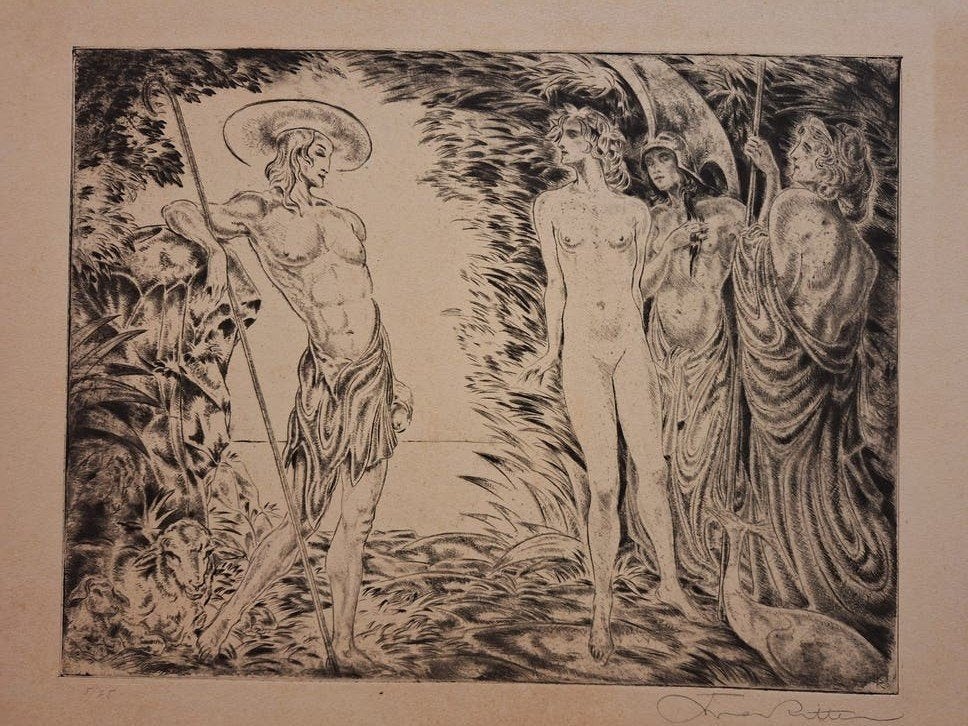 Art Deco ets van Josef Ritter: Naaktfiguren, Antiek en Kunst, Ets, Portret, Ophalen of Verzenden, Origineel