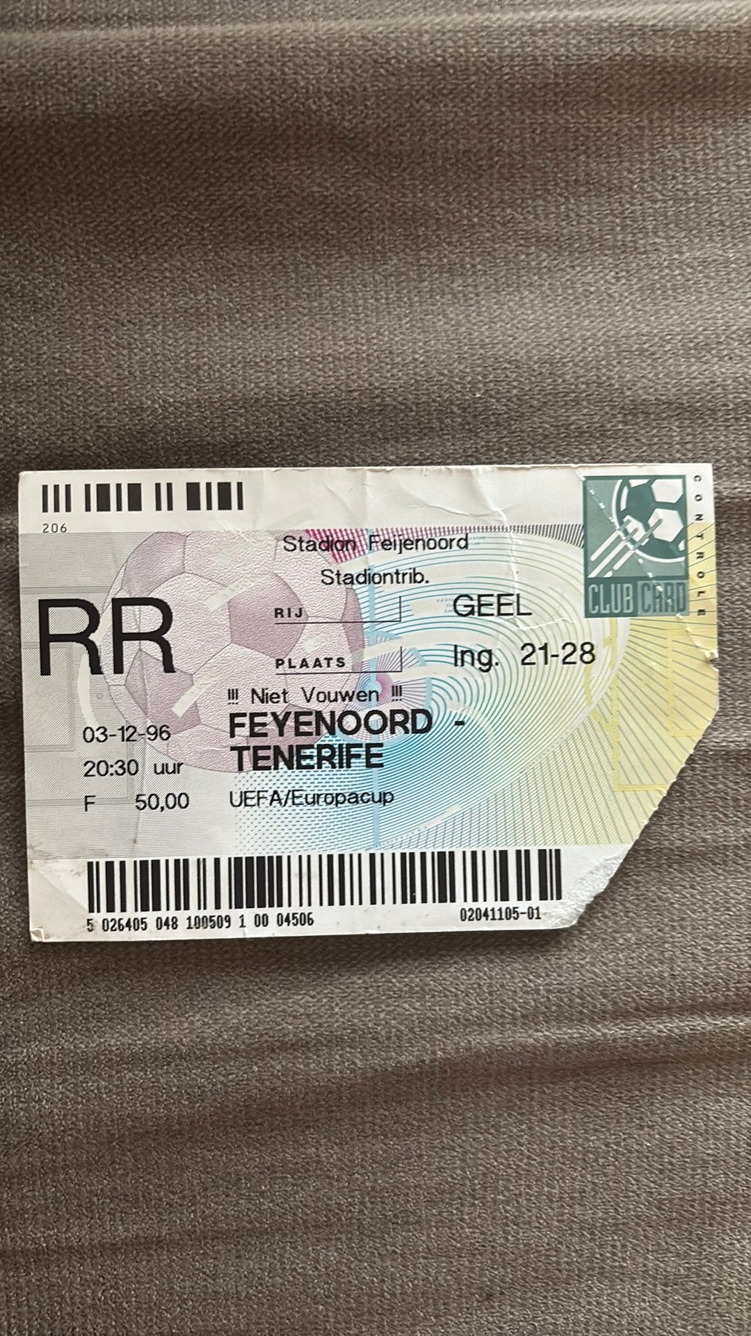 Oud stadionticket feyenoord tenerife 1996, Ophalen of Verzenden, Feyenoord