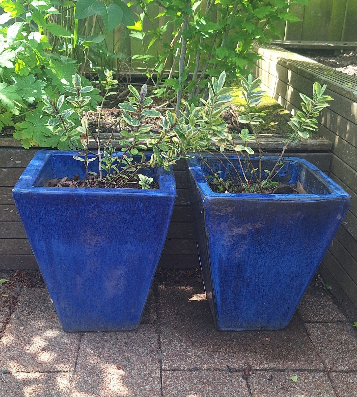 Set van 2 blauwe, vierkante, keramieken bloempotten, Tuin en Terras, Bloembakken en Plantenbakken, Ophalen, Rond, Steen, Minder dan 30 cm
