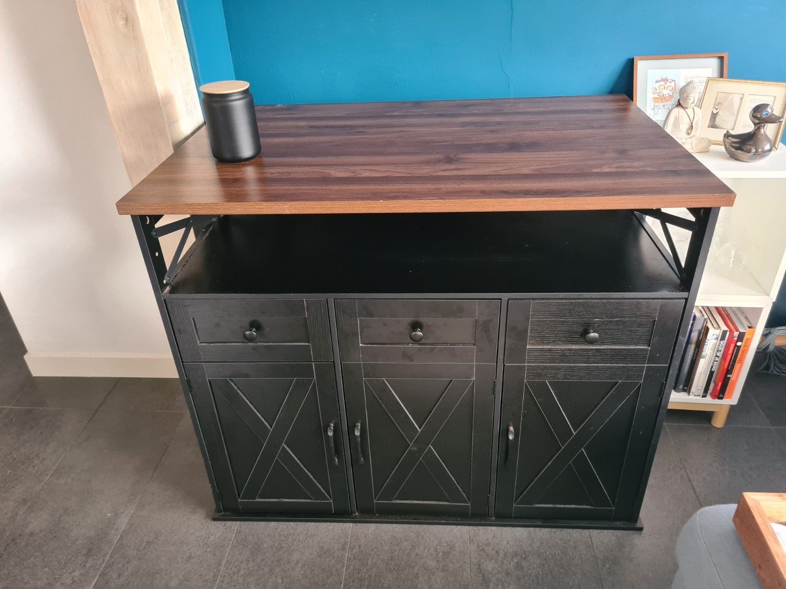 Keuken eiland kastje met houten uitklap blad en lades, Ophalen, Gebruikt, 100 tot 150 cm, Zwart