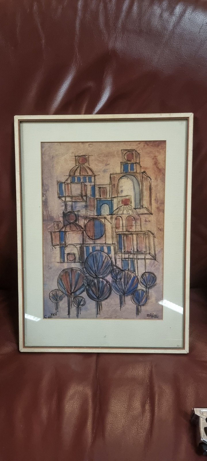Abstracte stadsgezicht aquarel uit 1967, 30x41 cm, Ophalen of Verzenden