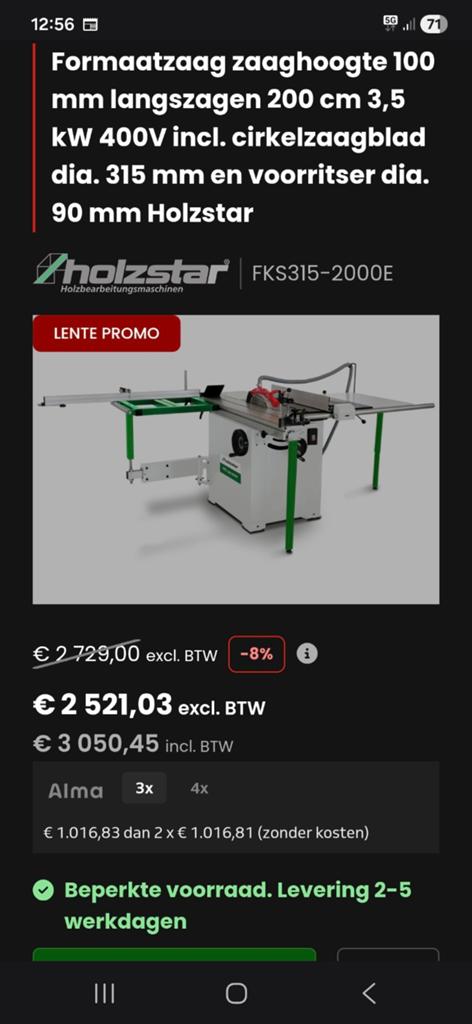 Holzstar FKS 315-2000 E, Ophalen, 70 mm of meer, Zo goed als nieuw, Afkortzaag