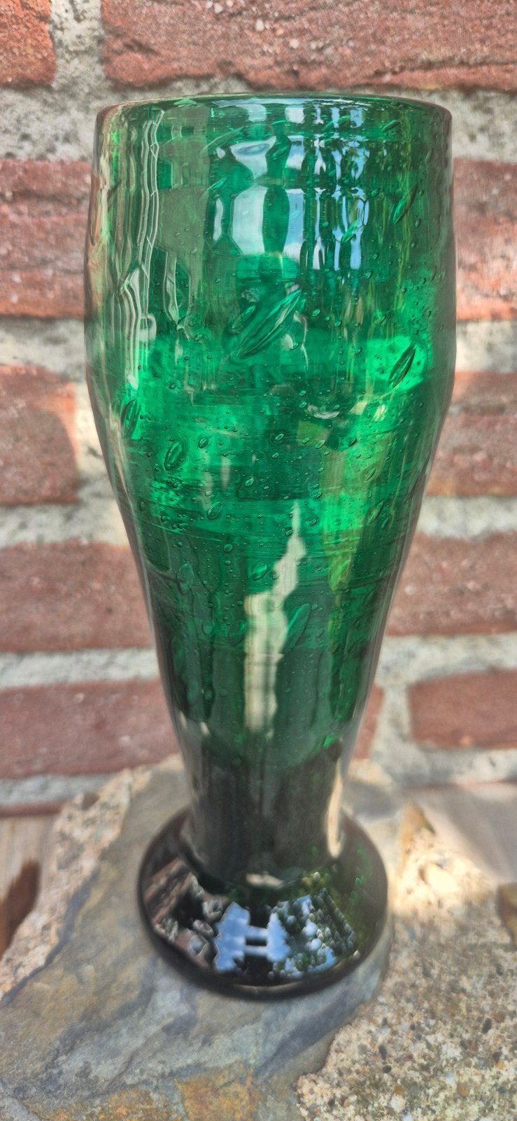 Prachtige Smaragdgroene Glazen Vaas / Bubbelglas, Ophalen of Verzenden