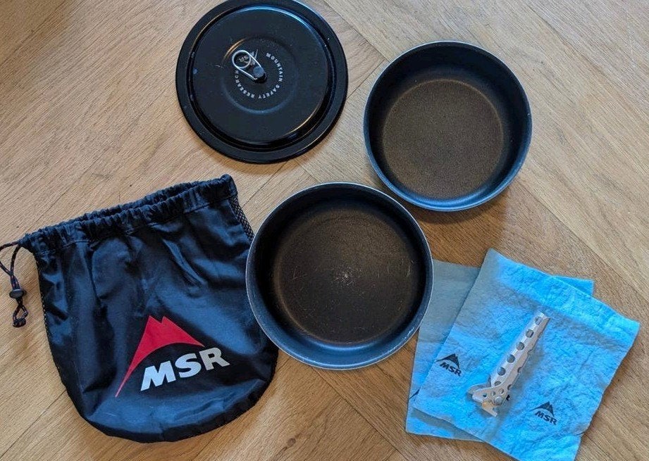 MSR lichtgewicht outdoor pannenset + deksel, greep, tas, Ophalen of Verzenden, Gebruikt