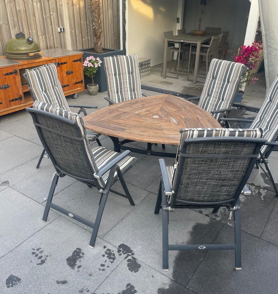 tuinset Hartman tafel met R&S design stoelen  + kussens, Tuin en Terras, Tuinsets en Loungesets, Ophalen, Gebruikt, 6 zitplaatsen