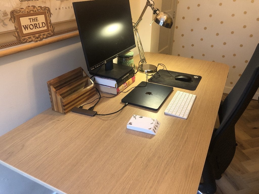 Elektrisch sta/zit bureau wit met eikenfineerblad IKEA80x160, Huis en Inrichting, Bureaus, Ophalen, Zit-sta bureau, 160 cm, Scandinavisch