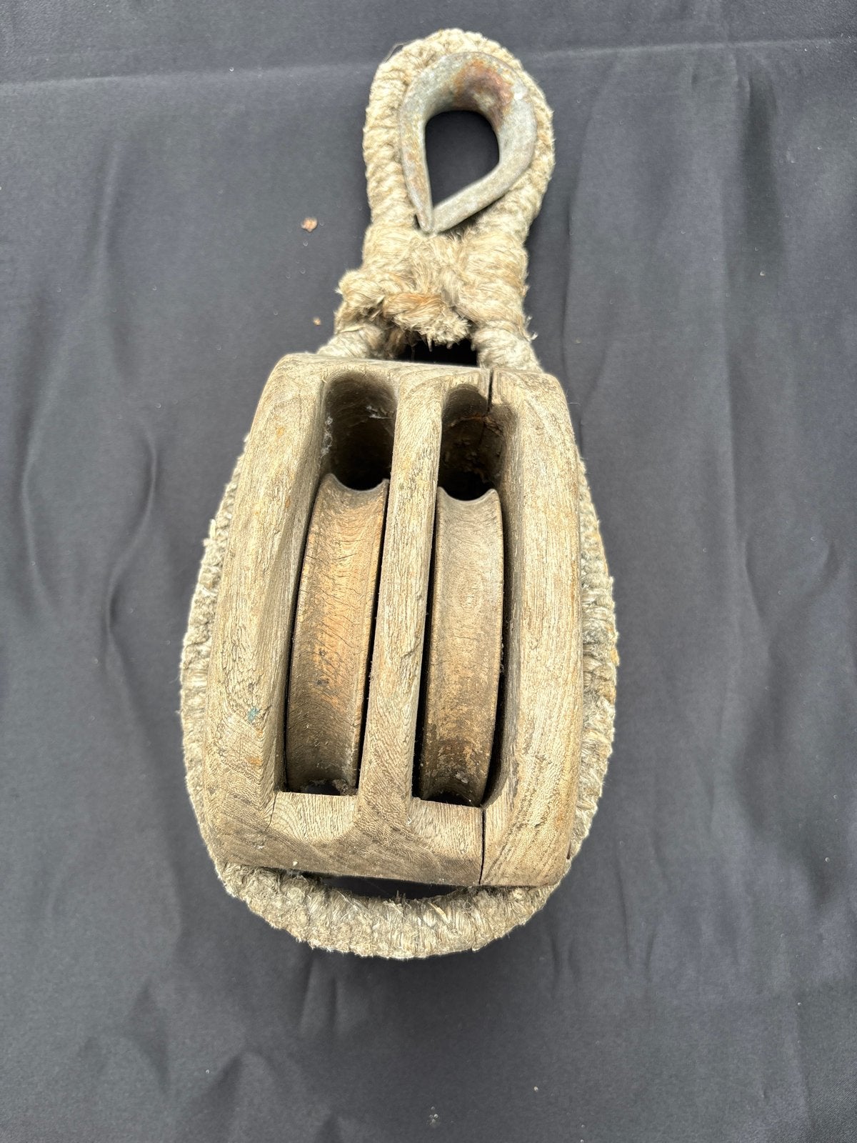 Antieke houten katrol met touw en metalen haak, Ophalen of Verzenden