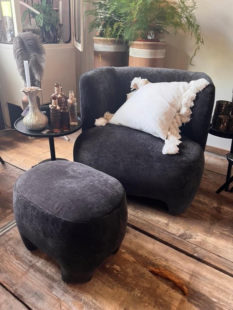 Mooie Fauteuil met poef antreciet PTMD, Huis en Inrichting, Fauteuils, Minder dan 75 cm, Nieuw, Ophalen of Verzenden, Overige materialen