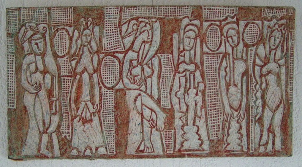H. Bekman "vrouwen" Linoleum uitsnede (etsplaat) NHS, Overige typen, Handgemaakt, Verzenden, Rood