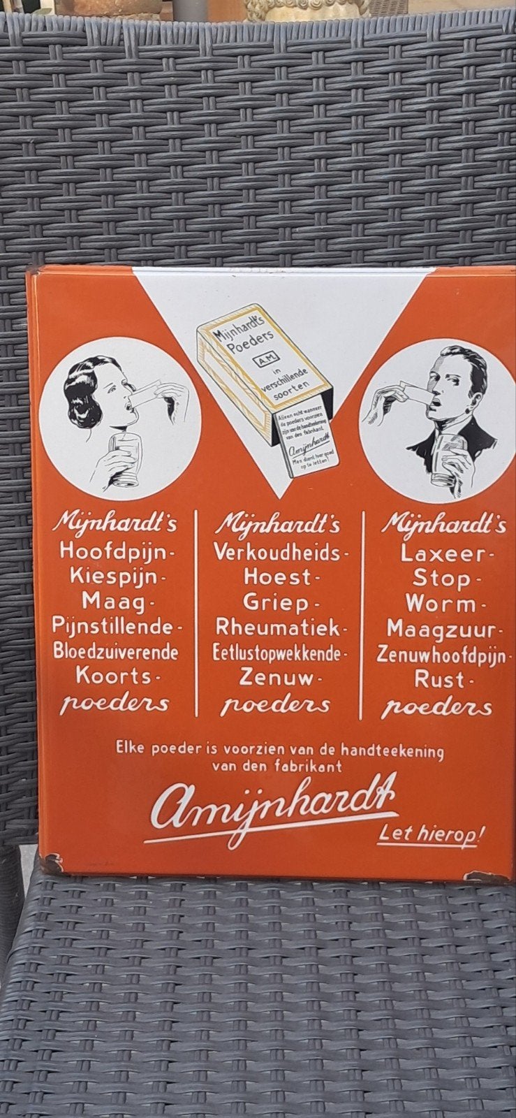 Emaille Bord – Mijnhardt's Poeders, Ophalen of Verzenden, Gebruikt, Reclamebord