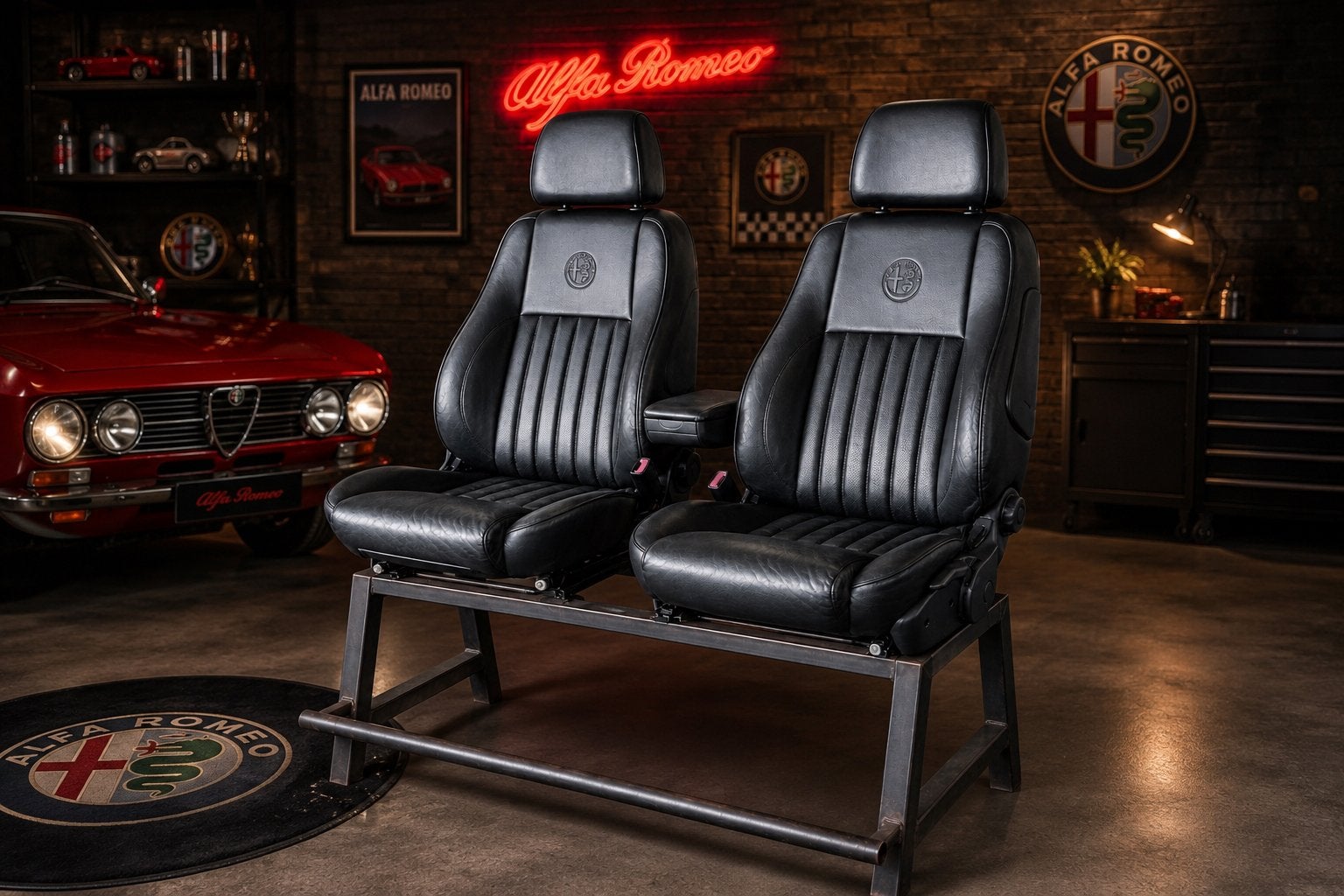 Handgemaakte Lederen Alfa Romeo Stoelen op Frame, Ophalen of Verzenden