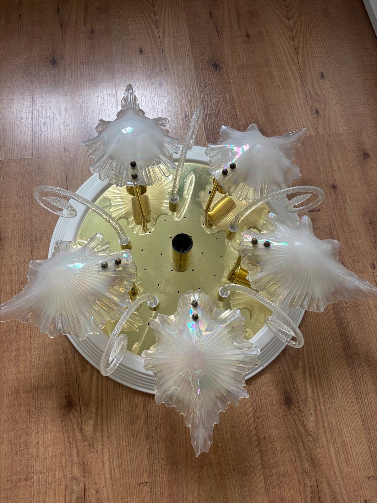 Vintage plafondlamp met 6 glazen kappen, Ophalen of Verzenden, Gebruikt, Glas, E14 (klein)